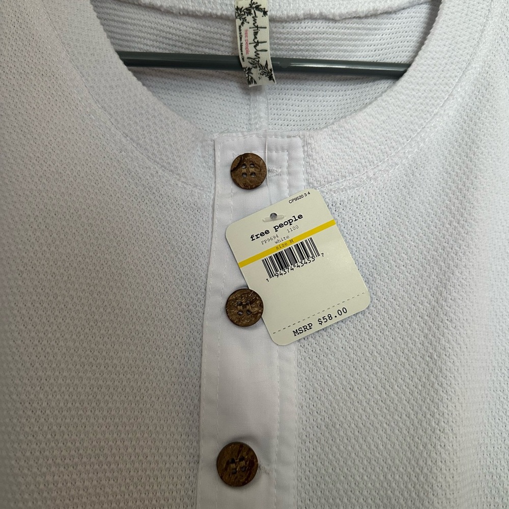 Free People White Textured Top with Brown Buttons